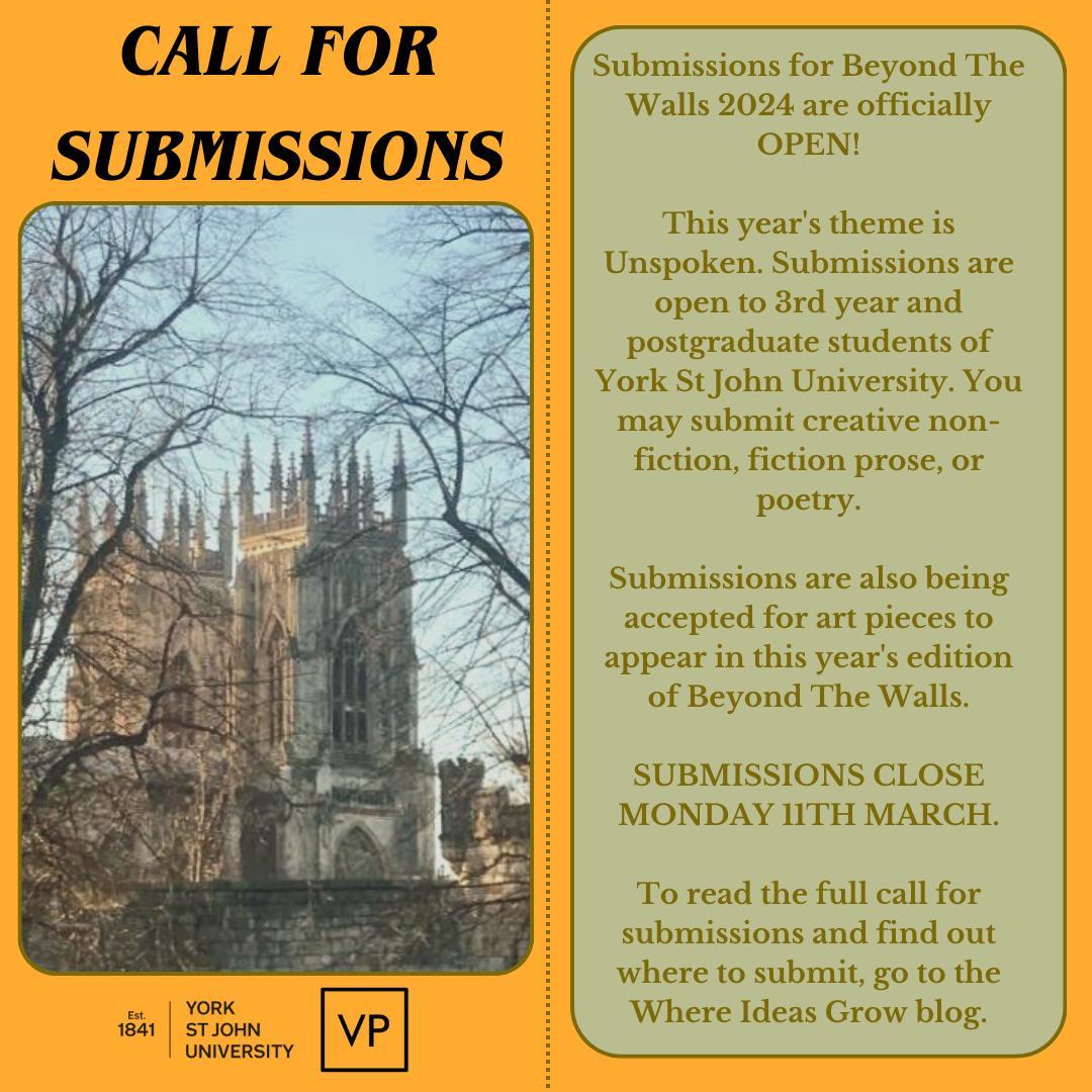 🚨 Calling all third year and postgraduate students 🚨 Submissions for this year's beyond the walls anthology are open! Go to blog.yorksj.ac.uk/creativewritin… and read our blog for more information :) If you know anyone who might be interested please do them a favour and tag them below!