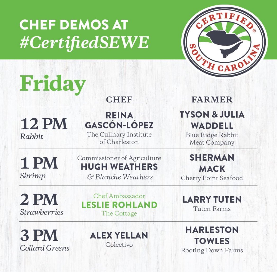 Happy day 1 of #CertifiedSEWE! Come check out the big red tents in 📍Marion Square for chef demos, #CertifiedSC bites and more!