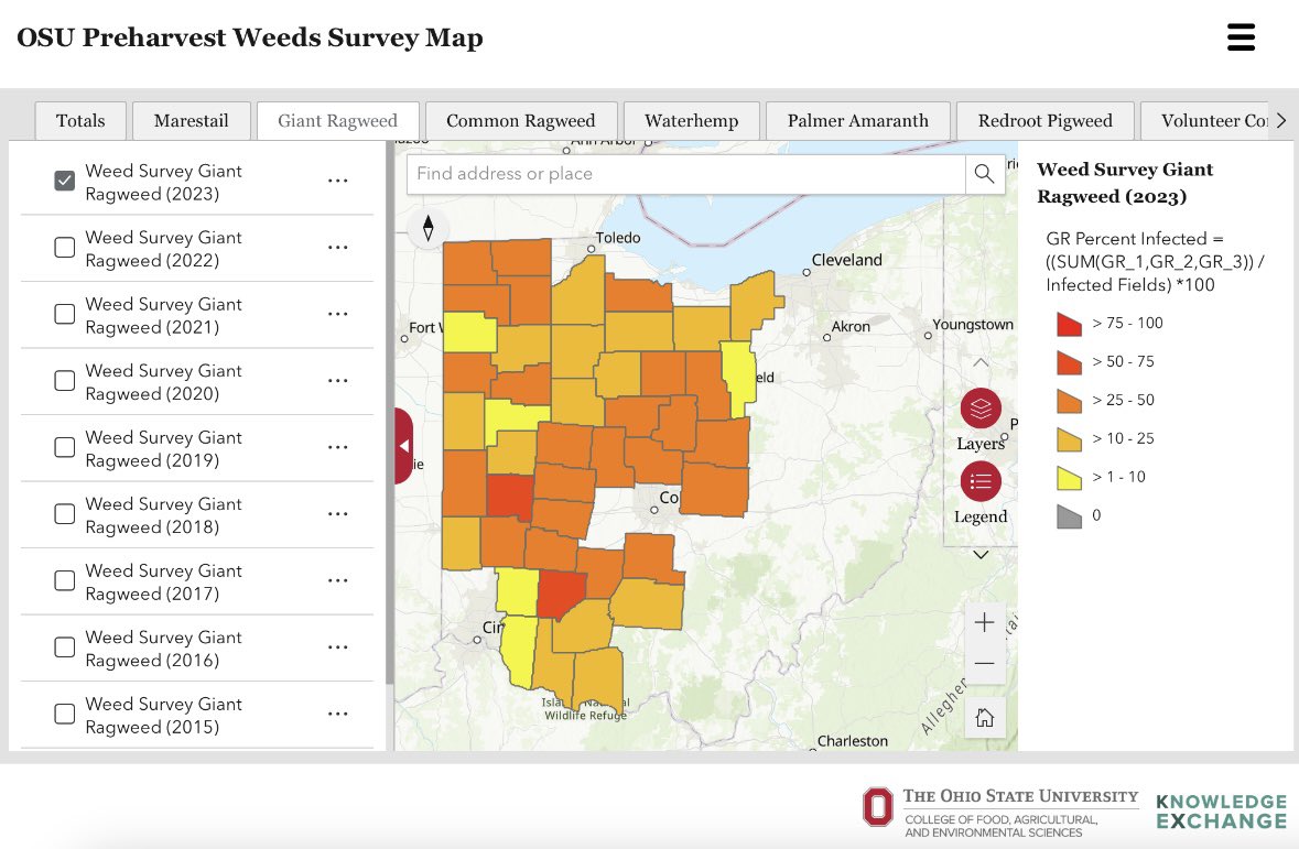 ‼️NEW TOOL ALERT‼️Check out this tool created in collaboration with @CFAES_KX! You can now visualize data from our preharvest weeds survey. This site allows you to create maps that illustrate weed presence by species and county. View on a desktop here: experience.arcgis.com/experience/3a6…
