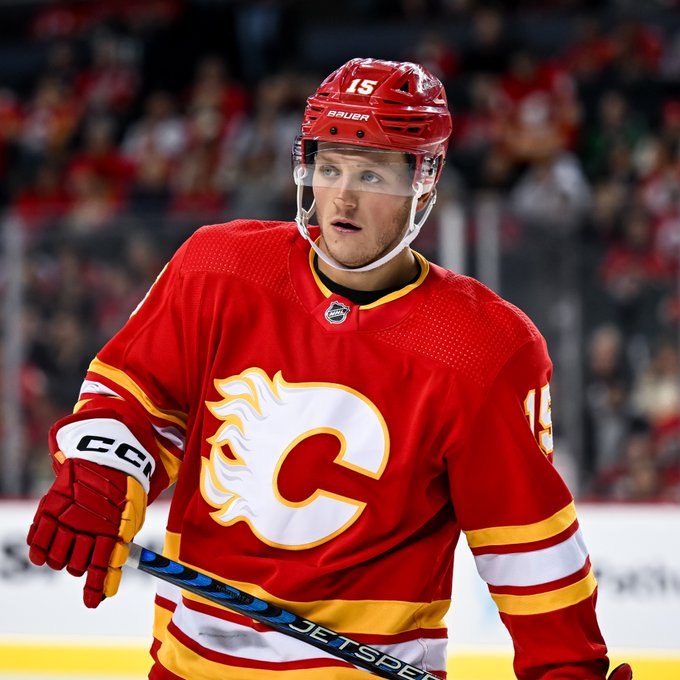 Dryden Hunt skating in a Flames pre-season game