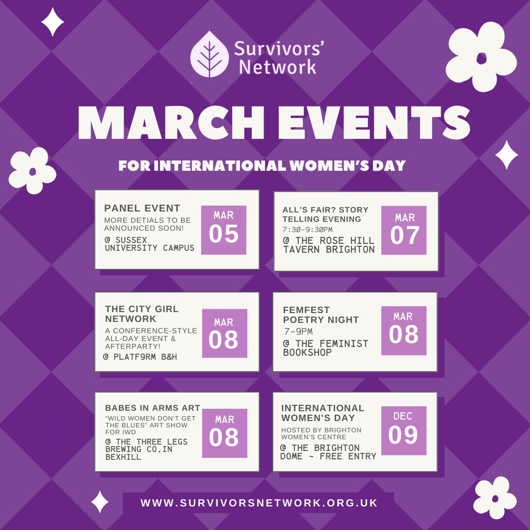 If you would like to put on an event or fundraiser in support of Survivors' Network this International Women's please get in touch with our fundraising officer Fee at Fiona@survivorsnetwork.org.uk. 💜