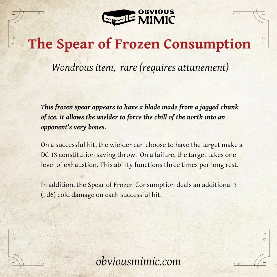 ObviousMimic's tweet photo. Check out this "cool" spear, ready to use in your own #dnd5e campaignβor, if you'd prefer, in one of our solo adventures!
#solorpg #solodnd #dnd #ttrpg https://t.co/S2i5rycONC