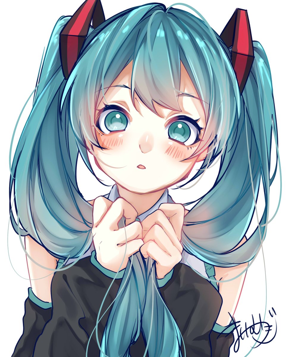 初音ミク「目の中を塗るのと塗らないとのではまた表情が変わるなぁ#初音ミク #VOCALOI」|まいむぎのイラスト