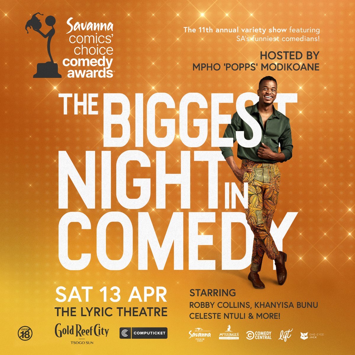 All roads lead to Jozi on the 13th April for the BIGGEST night in comedy at 11th Savanna Comics' Choice Comedy Awards! Hosted by the one and only @MphoPopps it's a night of awards and comedy you won't want to miss! Book your tickets now using the link in bio!  #SavannaCCA