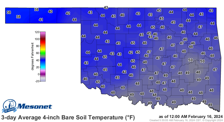 okmesonet's tweet photo. A reminder that Mesonet has several different soil temperature maps. This 4-inch, 3-day average map under bare soil is a good reference to use for when to plant seeds and to give you an idea when grassy weeds such as crabgrass start germinating (>55°F). #okmesonet https://t.co/yWIbqJNzEK