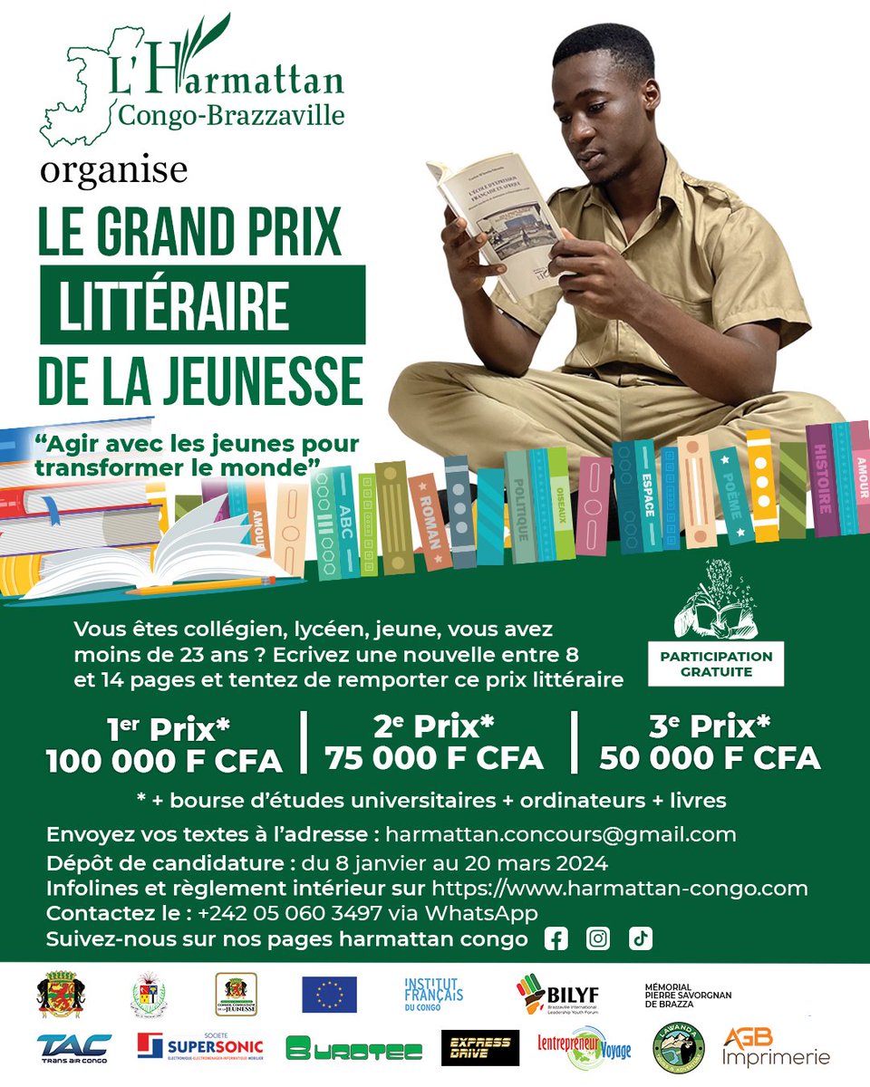 🟢 CULTURE : GRAND PRIX LITTERAIRE DE LA JEUNESSE 

✅ Pour plus d'infos, consultez le lien👇
 harmattan-congo.com/concours-1/

#celluledecommunicationccj