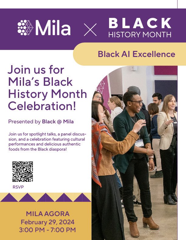 You are invited to our Black History Month Celebration on Thursday, Feb 29th, from 3-7pm at Mila!

Join us for spotlight talks, a panel discussion, &amp; celebration ft. cultural performances &amp; delicious foods from the Black diaspora! #AI #BHM 

RSVP here: forms.gle/HCxZE2QnXsMzcv…