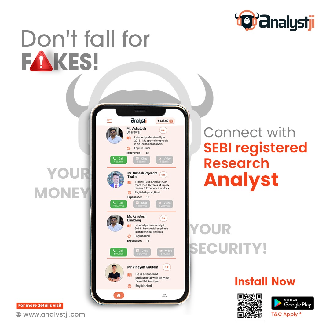 Don't fall for fakes! 
Connect with confidence by choosing Analystji, where our SEBI registered Research Analysts stand ready to provide trustworthy guidance. 

#analystji #researchanalyst #financialexperts #SEBIRegistered #investmentadvisors #financialconsultants #financegurus