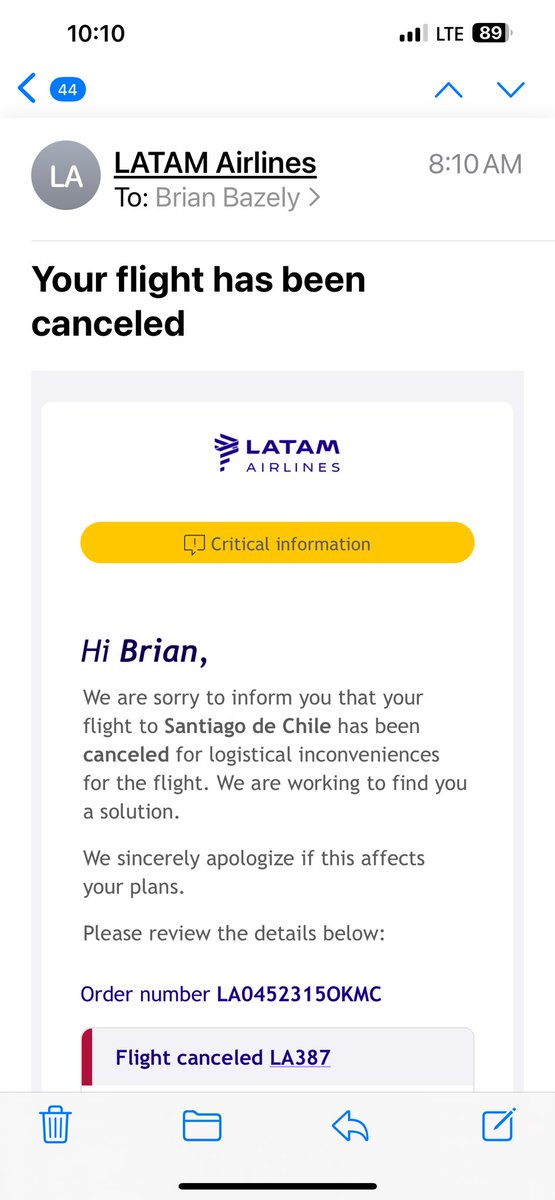 brianbazely's tweet photo. Hey @LATAMAirlines    Do better.   You “cancelled” my flight and put me on a midnight flight.   We got it changed to a 6:30pm flight but it still messes up our well planned day.    How I see it isn’t cancelled?  #fraud #refundmyticket #badservice https://t.co/3JdXfkXHV4