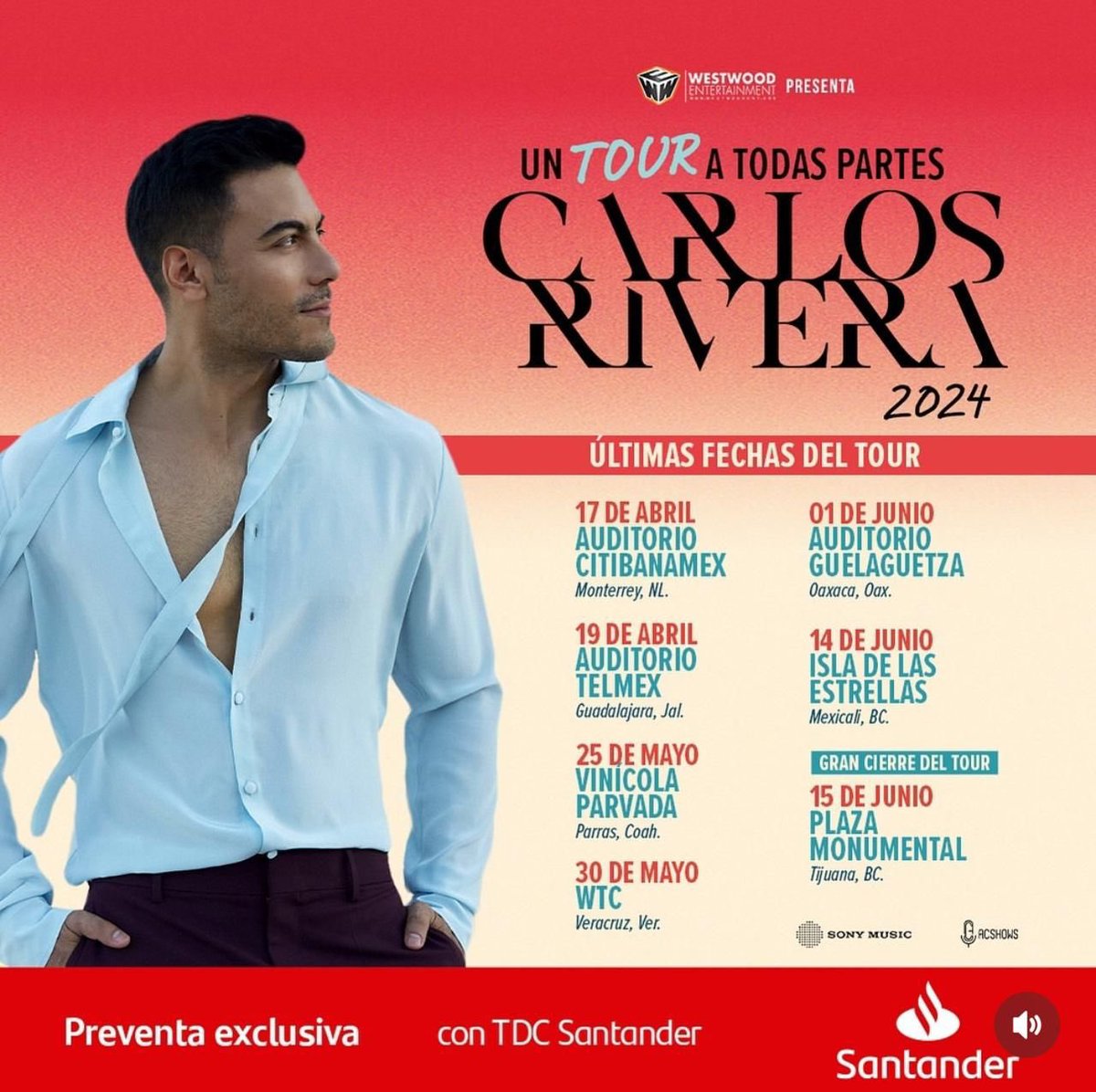 GdlTiempo's tweet photo. #CONCIERTO
@_CarlosRivera regresa a #Guadalajara con su tour #ATodasPartes el próximo 19 de abril en el @AuditorioTelmex
#PreventaSantander en sistemas @Ticketmaster_Me
#WestwoodEnt
#KarlaArroyoPR https://t.co/DMDxX21bbB