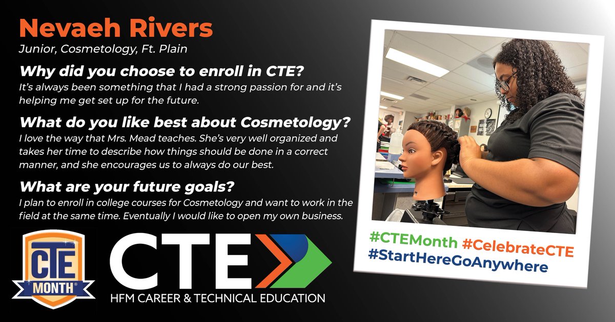 HFM BOCES (@hfmboces) on Twitter photo In recognition of Career & Technical Education month, Nevaeh Rivers from <a href="/FortPlainCSD/">Fort Plain CSD</a> tells us what she loves best about the Cosmetology program she is enrolled in at HFM CTE.
#CTEMonth #CelebrateCTE #StartHereGoAnywhere
<a href="/NYSED/">Edinson Velandia</a> <a href="/NYSACTE/">NYSACTE</a> In recognition of Career & Technical Education month, Nevaeh Rivers from <a href="/FortPlainCSD/">Fort Plain CSD</a> tells us what she loves best about the Cosmetology program she is enrolled in at HFM CTE.
#CTEMonth #CelebrateCTE #StartHereGoAnywhere
<a href="/NYSED/">Edinson Velandia</a> <a href="/NYSACTE/">NYSACTE</a>