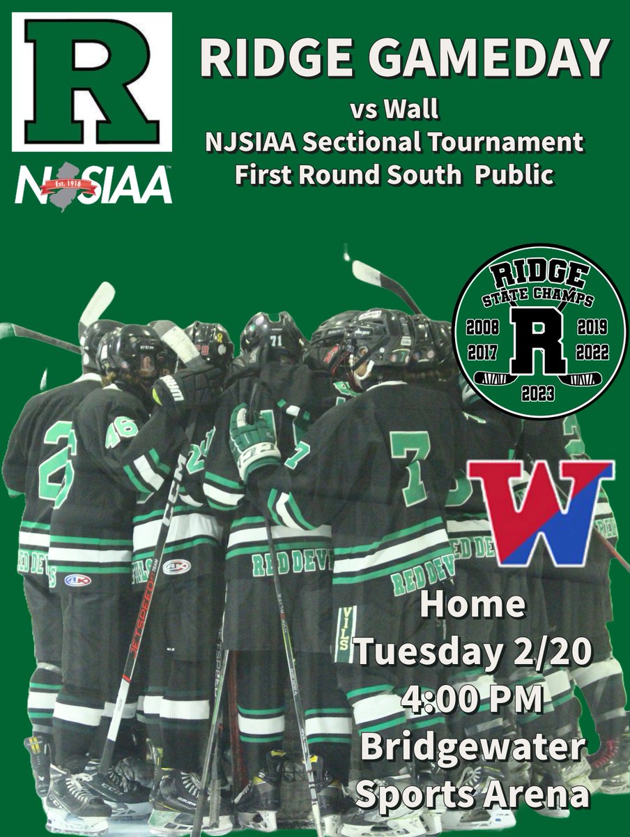 Home Game: NJSIAA Sectional Tournament First Round Public South vs Wall. Tuesday February 20 4:00 PM @ Bridgewater Sports Arena.  Come out and support the team! <a href="/Ridgegameday/">RIDGE ATHLETICS</a>
