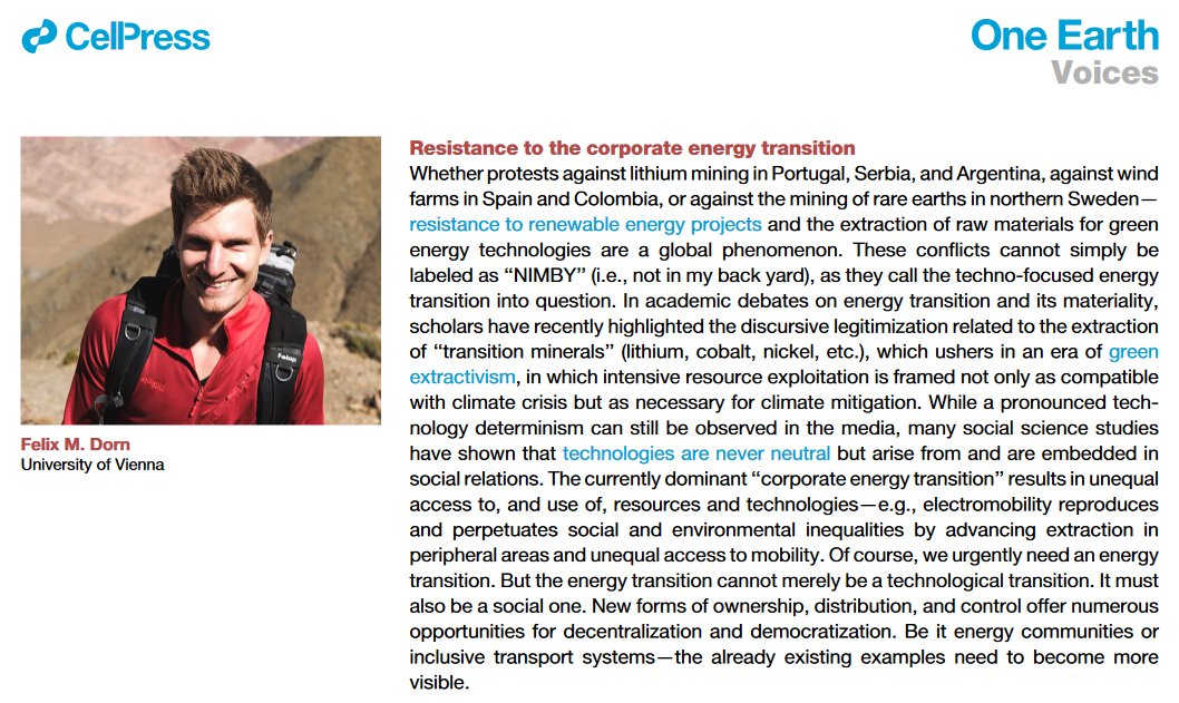 I was invited to share some thoughts on 'making low-carbon energy sustainable' for the <a href="/OneEarth_CP/">One Earth</a> Voices section. Resistance to the corporate energy transition shows that the transition must also be a social one. You find the short piece open access:
sciencedirect.com/science/articl…
