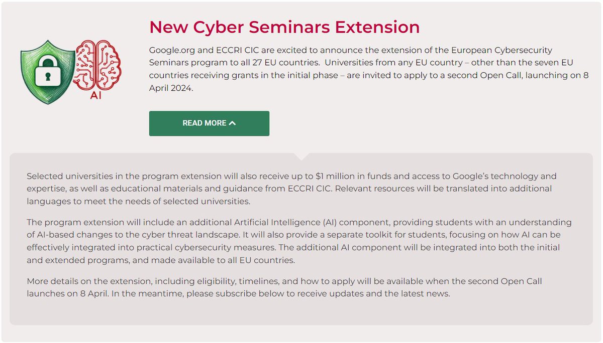 We are excited to announce the extension of the  Google.org European Cybersecurity Seminars program to all 27 EU countries! We will also add a new AI component to the program.

Visit Cyberseminars.org for more information.