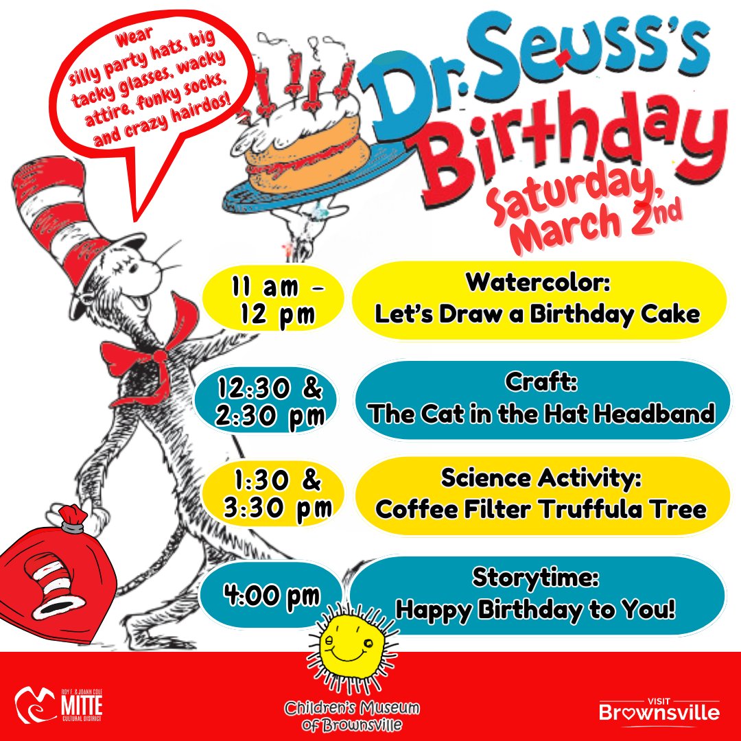 ChildrenMuseumB's tweet photo. Let's turn the party up a notch! On Saturday, March 2nd, Dr. Seuss week keeps rolling with the grand celebration of Dr. Seuss's Birthday! Get ready to party in silly hats, tacky glasses, wacky attire, funky socks, and crazy hairdos! See you there!
#SeussWeek #DrSeussBirthdayBash https://t.co/bYtxU4HmEM