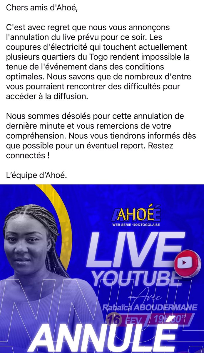 ahoewebserie's tweet photo. Le live YouTube de ce soir est annulé ! https://t.co/Nax8T2yqNK