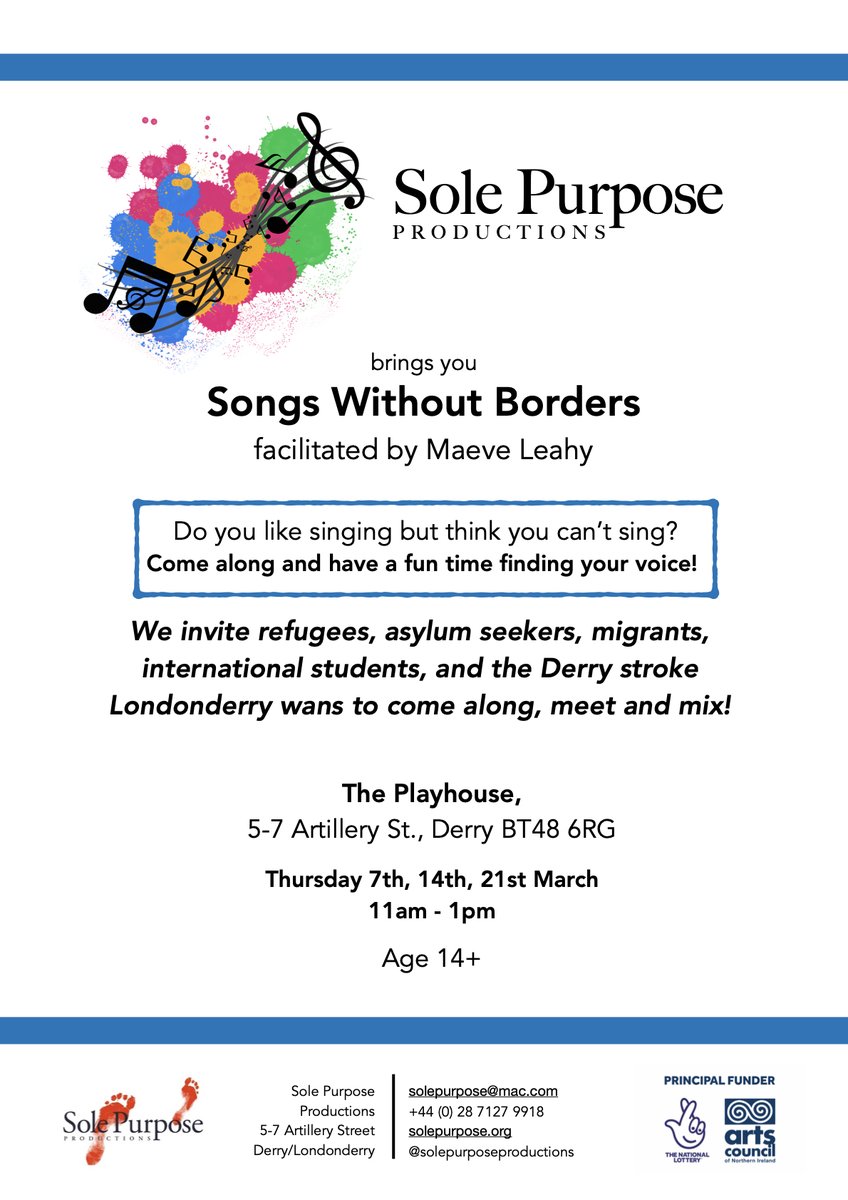 Come along and have a sing song, make some music. This is for everyone! All welcome. Refugees, asylum seekers, migrants,  international students and Derry stroke Londonderry wans!!
Facilitated by the brilliant Maeve Leahy!
<a href="/ArtsCouncilNI/">Arts Council of Northern Ireland</a> <a href="/dcsdcouncil/">Derry Strabane Cncl</a>