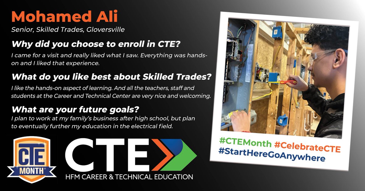 Join us as we celebrate Career and Technical Education Month! Here's Mohamed from <a href="/GESDk12/">GESD</a> who is enrolled in the Skilled Trades program at HFM CTE. #CTEMonth #CelebrateCTE #StartHereGoAnywhere <a href="/NYSEDNews/">NYS Education Department</a> <a href="/NYSACTE/">NYSACTE</a>