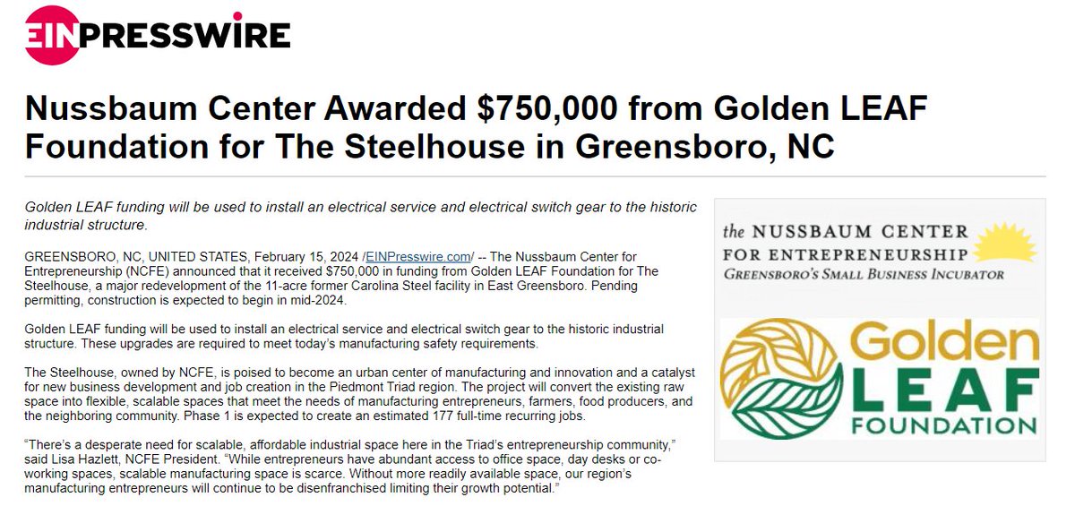 Thank you @NCgoldenLEAF for recognizing the impact #TheSteelhouse will have on the East Greensboro community and its entrepreneurial ecosystem. #businessisbuilthere Read More: einpresswire.com/article_print/…