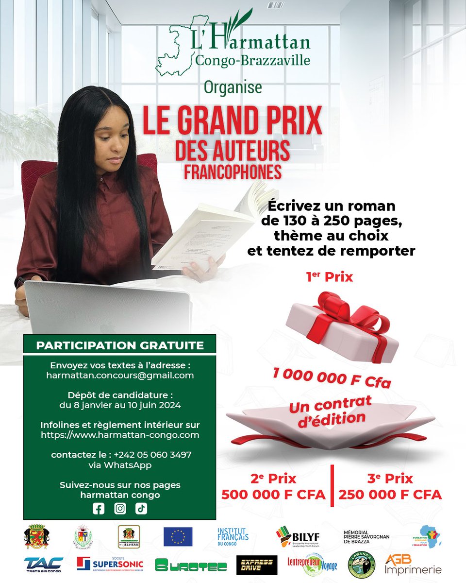 🟢 CULTURE : LE GRAND PRIX DES AUTEURS FRANCOPHONES

✅ Pour plus d'infos, consultez le lien👇
harmattan-congo.com/concours-2/

#celluledecommunicationccj