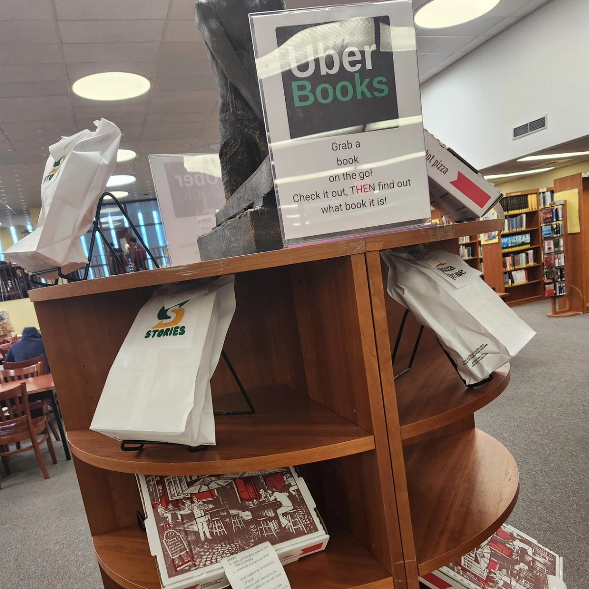 Do you like Uber Eats? Try Uber Books! Stop by the NHS Library and choose a to-go bag or box, bring it to the circulation desk, check it out, then open it up and start reading! #nhsreads #uberbooks