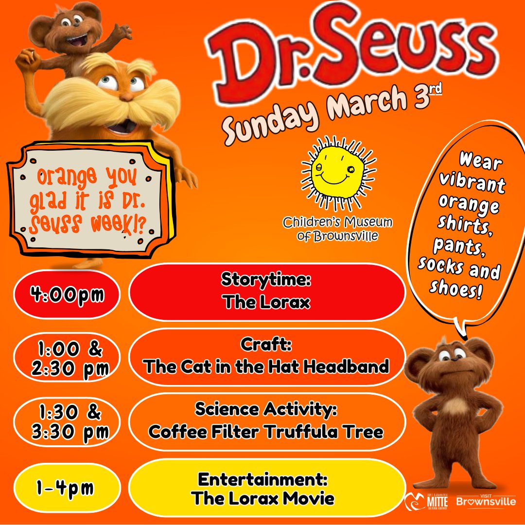 ChildrenMuseumB's tweet photo. Dr. Seuss Week comes to a close with a burst of orange joy! On March 3rd, join us for "Orange You Glad it is Dr. Seuss Week!?" as we wrap up Dr. Seuss Week. Dress up in orange from head to toe, which means orange shirts, pants, socks, and shoes! See you there! 
#SeussWeek #CMBFun https://t.co/SBJvYK0ZKH