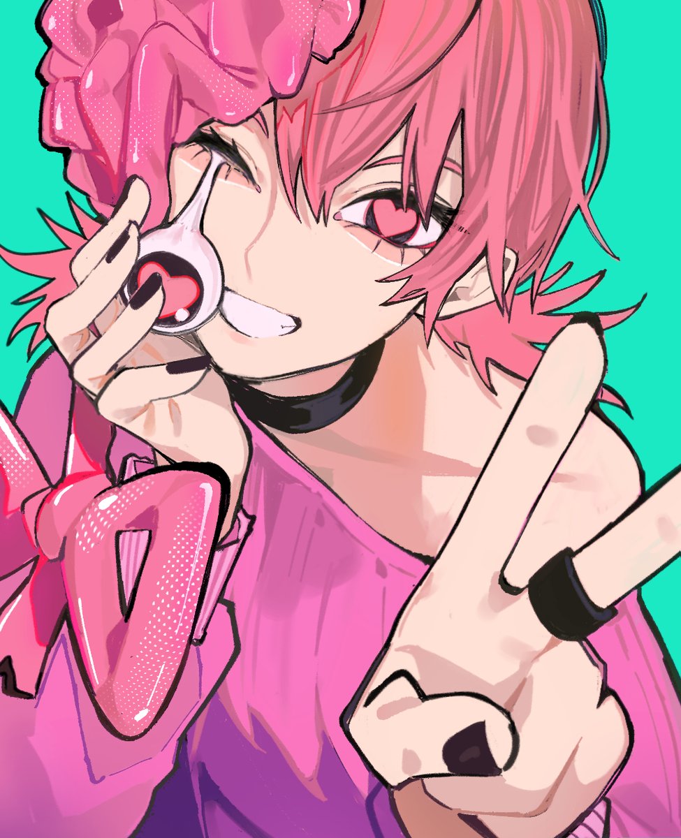 solo pink hair v pink eyes black nails one eye closed smile  illustration images