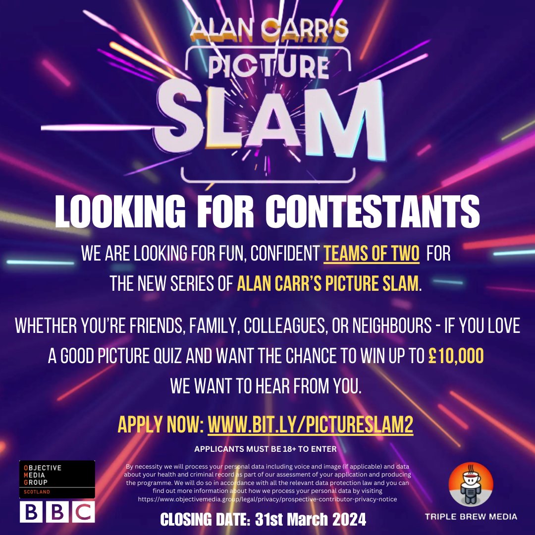 jojotvcasting's tweet photo. PLEASE RT! 😀

Alan Carr's Picture Slam is back and bigger than ever!

Saturday night family favourite is looking for teams of two for a chance to win up to £10,000.

Apply now: https://t.co/xj1XT6IVoQ https://t.co/12LYhBANxX