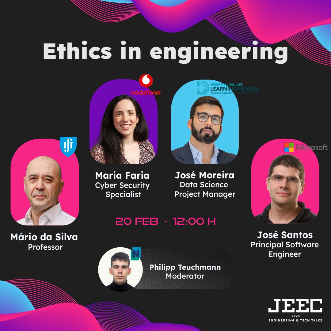 jeecist's tweet photo. 🌟 Ethics in Engineering: A Must-Attend Panel!

-----------------

🌟 Ética na Engenharia: Um Painel Imperdível!

Junta-te a nós para uma discussão sobre as dimensões éticas das práticas de engenharia e seu impacto na sociedade! 🌟

#JEEC24  #TechTalks #TechEvent #Engineering https://t.co/HhpZUUXQ3d