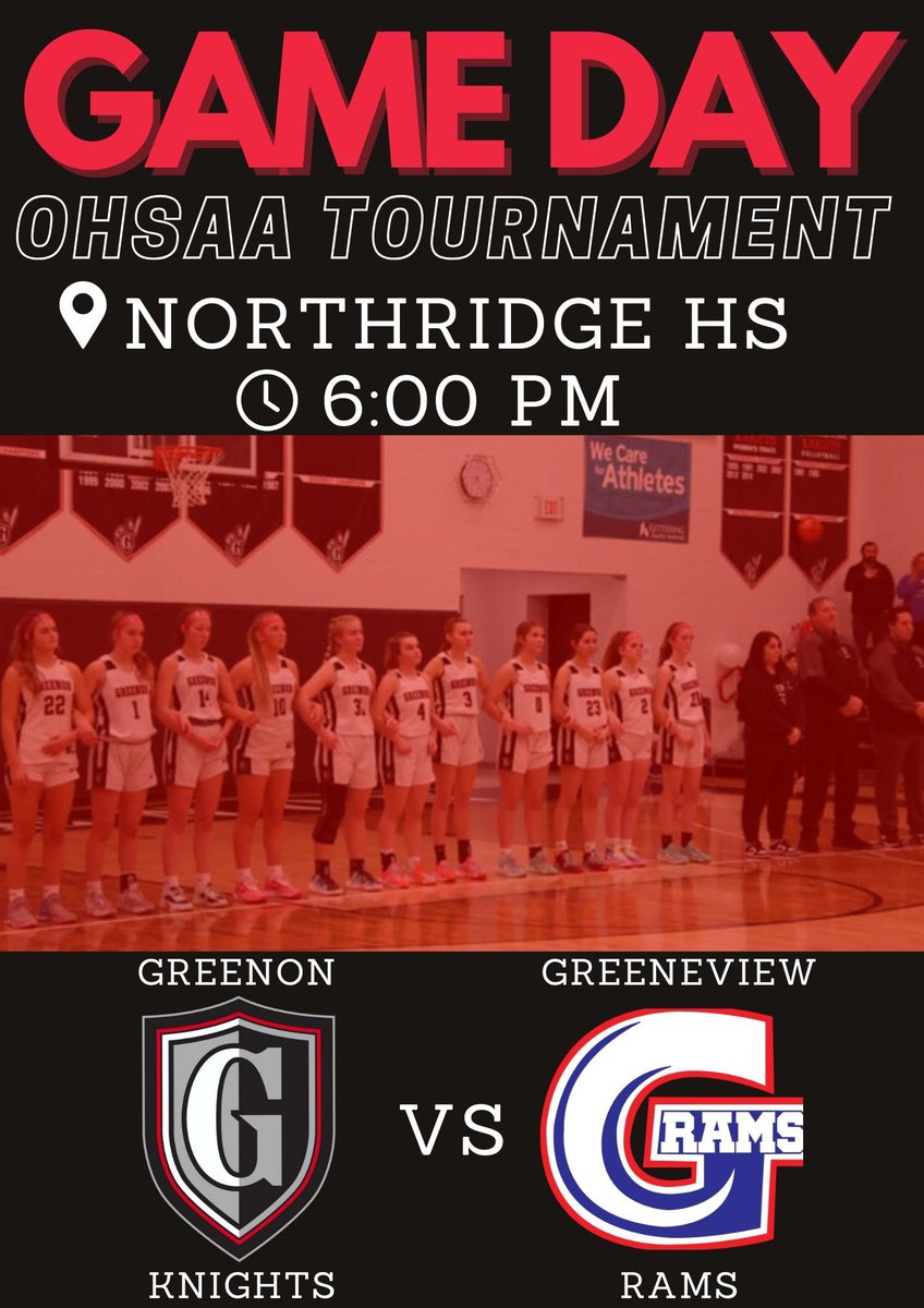 🔴Game Day⚫️

(OHSAA Tournament)
🆚 Greeneview Rams 
🗓️ February 16th
⏰ Varsity Only 6:00 PM
🏟 Northridge High School
📍Dayton, Ohio
📺 NFHS (Must Pay for it)

#KnightTime