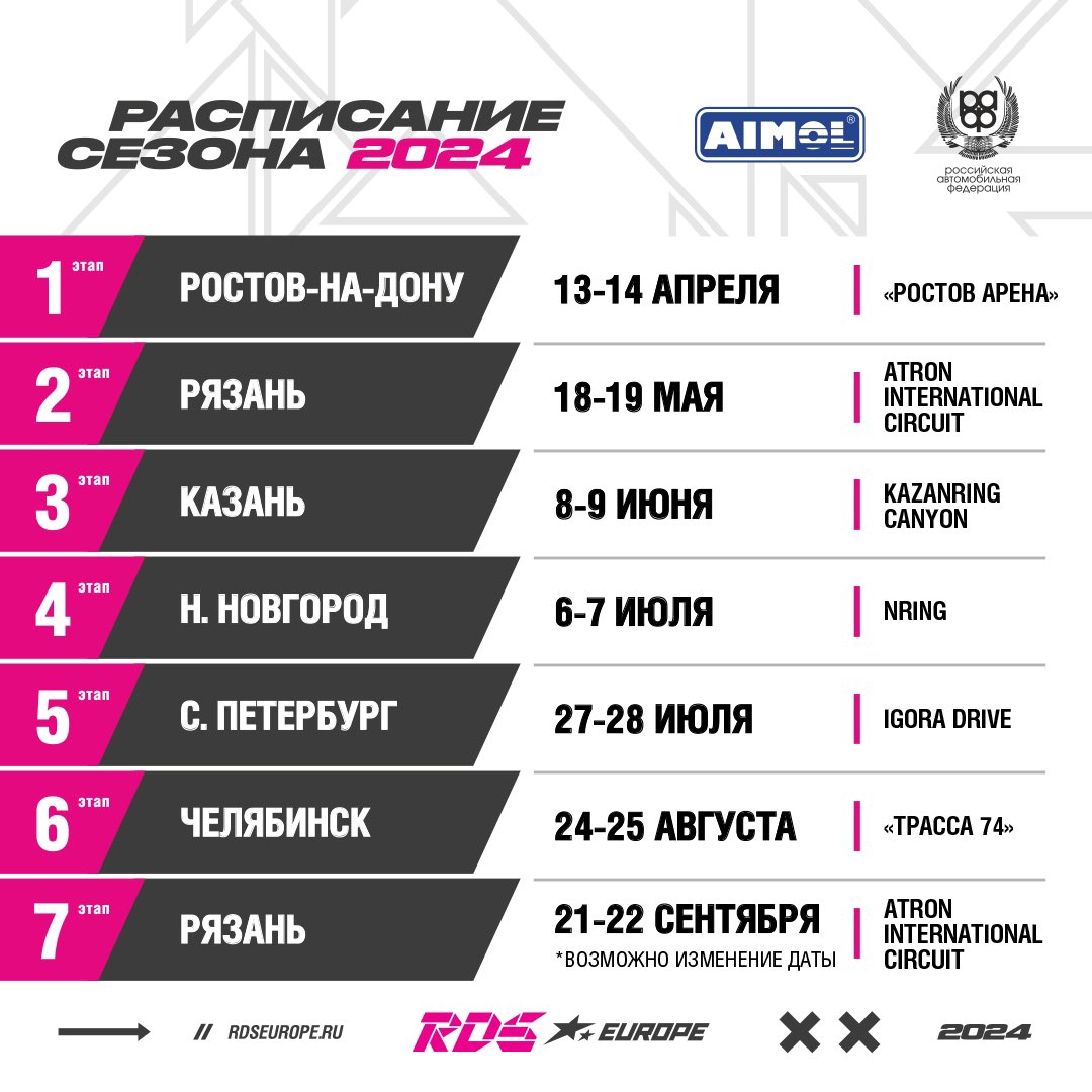 ⚡️❗️ОБНОВЛЁН КАЛЕНДАРЬ RDS EUROPE 2024 

🗺 Чемпионат расширяет географию: в 2024 году к полюбившимся уже локациям в центральной части страны добавятся Ростов-на-Дону и Челябинск.

➡️ Читайте подробности в Telegram-канале RDS EUROPE: t.me/rds_europe