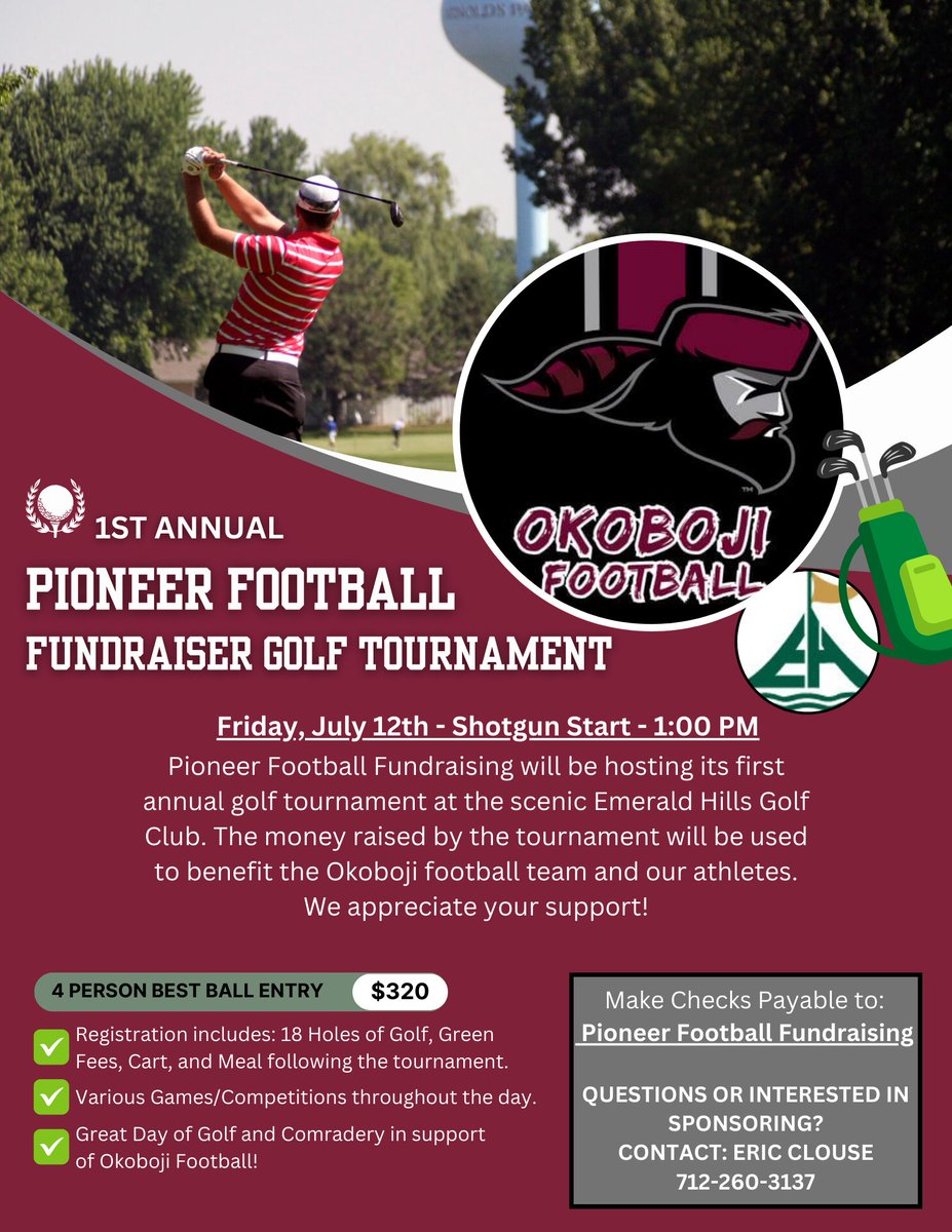 Okoboji Football is excited to hold its 1st Annual Pioneer Football Fundraising Golf Tournament this summer! Use the link for more information- docs.google.com/forms/d/e/1FAI…