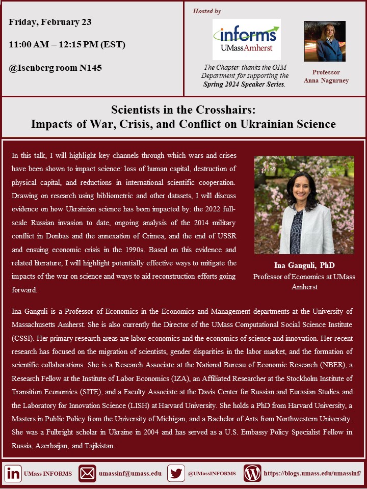 🚨 New #SpeakerSeries event! Join us for an insightful talk with Dr. Ina Ganguli (@inaganguli), Professor of Economics at @UMassEcon and Director of @umass_cssi, on the relationship between wars, crises, and their impact on the scientific landscape! See our poster for more info!