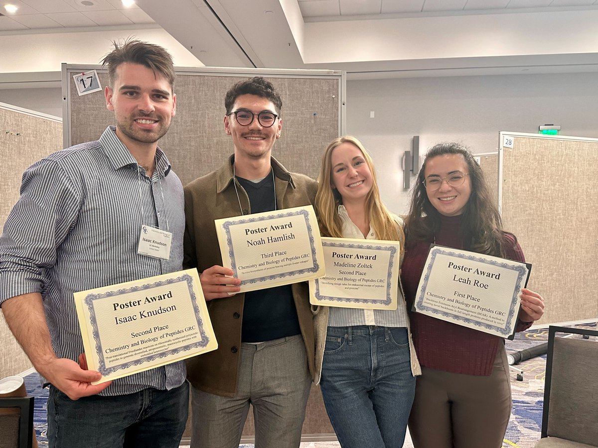 AlannaSchepartz's tweet photo. Four @schepartzlab members attend 2024 Peptides GRC...four win Best Poster prizes!  Congratulations to (left to right) Isaac Knudson, @NoahXHamlish, @MaddieZoltek, and @leahtangroe! https://t.co/a9BJ2BMe8f