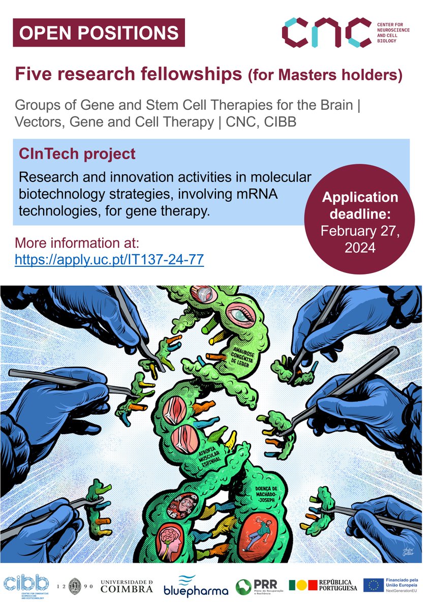 Center for Neuroscience and Cell Biology (@cnc_uc) on Twitter photo We are hiring!
5 positions for the project "CiNTech - Technological Hub for Innovation, Translation and Industrialization of Complex Injectable Drugs”
Deadline: February 27, 2024
Learn more and apply at
👉 apply.uc.pt/IT137-24-77
#CNCOpportunities #CNCJobs <a href="/LAlmeidaLab/">LAlmeida Lab</a> We are hiring!
5 positions for the project "CiNTech - Technological Hub for Innovation, Translation and Industrialization of Complex Injectable Drugs”
Deadline: February 27, 2024
Learn more and apply at
👉 apply.uc.pt/IT137-24-77
#CNCOpportunities #CNCJobs <a href="/LAlmeidaLab/">LAlmeida Lab</a>