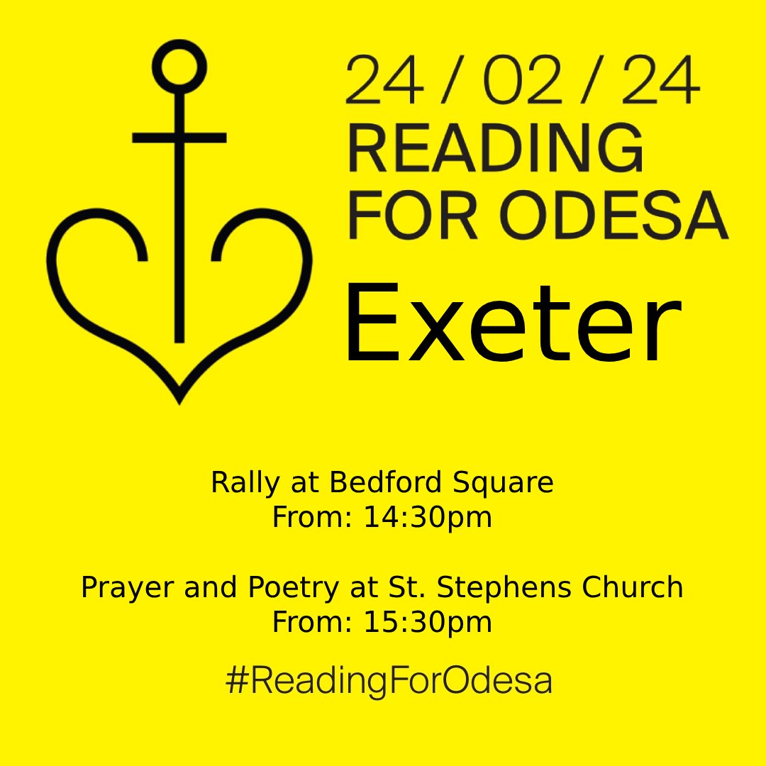 At #ReadingForOdesa Exeter, a rally will begin at Bedford Square at 2:30 PM, leading into an afternoon of Ukrainian poetry readings from 3:30 PM at St Stephen’s Church. Devon Ukrainian Association will lead the event with @UniofExeter, @MaketankExeter, and Exeter City of Lit.