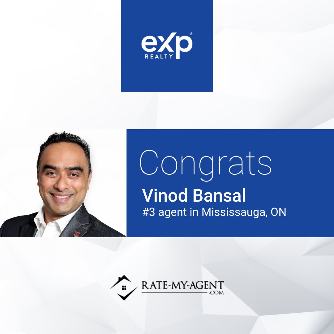 Shoutout to eXp Realty Canada agent <a href="/RealtorVinod/">Realtor Vinod Bansal</a>, 2X ICON of Nobleton, Ontario! He's been named #3 agent in Mississauga for 2023 on <a href="/RateMyAgentCom/">Rate-My-Agent.com</a>.

Congratulations Vinod! 👏

#eXpProud #eXpRealtyCanada