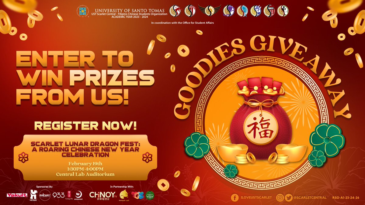 scarletcentral's tweet photo. Did somebody say goodies? 👀

Looks like someone's in for a special treat. Loot bags, raffle entries, and special prizes awaits you as you join us in celebrating our much-awaited Chinese New Year festivity! 🎆 https://t.co/7rq0C18REj