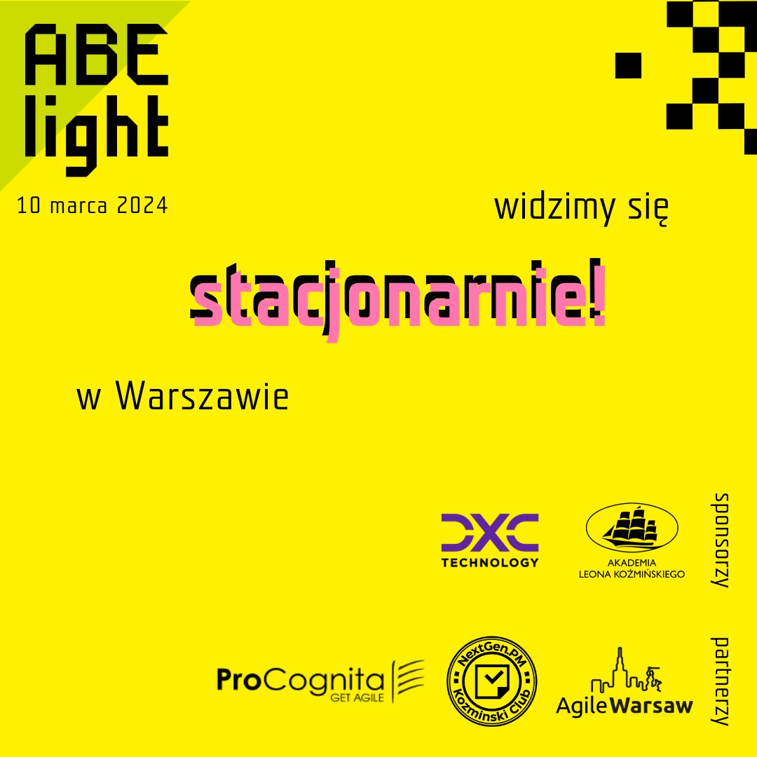 Kto lubi dużo praktyki i zdobywanie nowych kompetencji? Ty?! To musisz wpaść 10 marca na konferencję ABE light. Konferencja jest darmowa i wystarczy się zarejestrować :). Kto z kim się widzimy?

Zarejestruj się już dziś➡️abelight.agilewarsaw.com