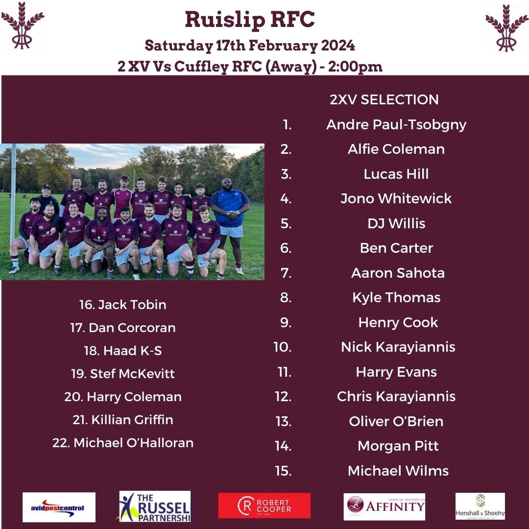 The teams are named…! 

The 1XV attempt to make it 3 wins in a row with a tough home fixture against <a href="/OldStreetRugby/">Old Streetonians RFC</a> (2pm) whilst the 2XV containing six current colts travel away to <a href="/Cuffley_RFC/">Cuffley RFC</a> (2pm). #uptherui