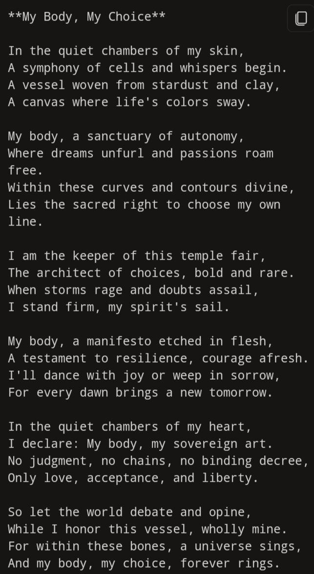 bellapromote's tweet image. Here's an AI poem about, "My Body, My Choice"

#supportchoice