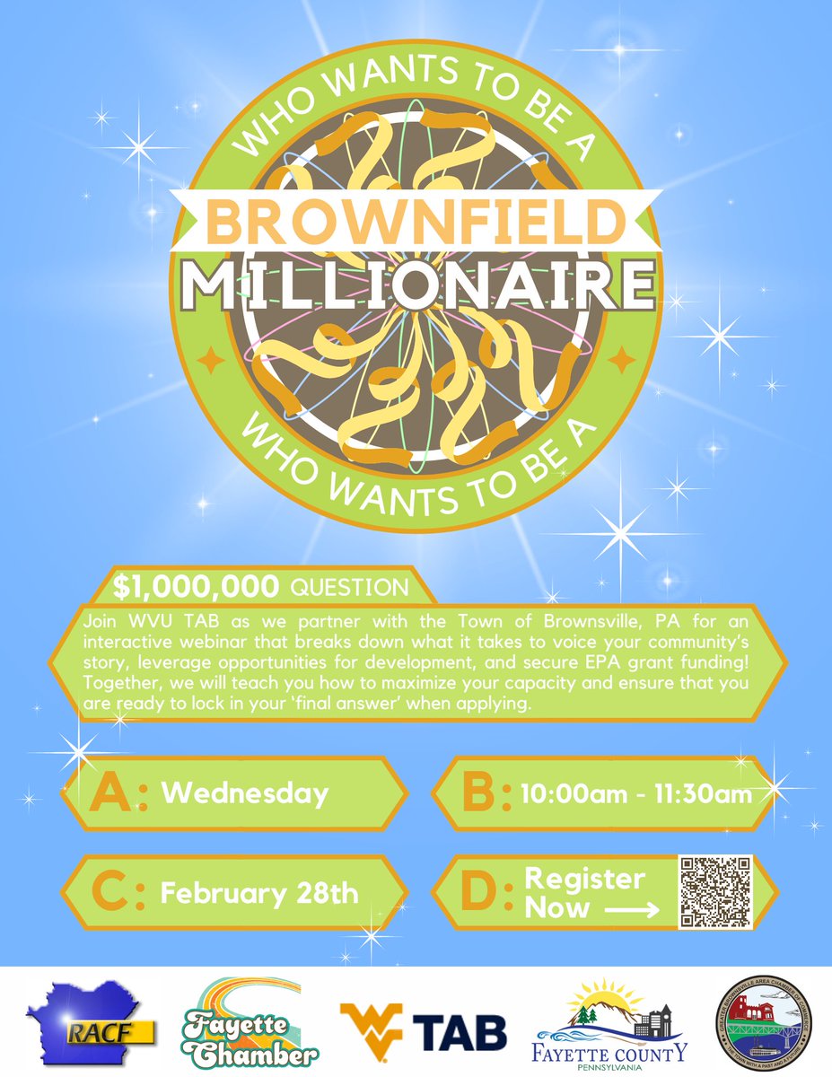 WvuTab's tweet photo. On February 28, come learn about Brownsville's redevelopment story and the EPA Brownfields grant application in this gameshow-themed webinar!
https://t.co/gzNDsZVUTZ
#brownfields #redevelopment #fundingsources #fayettecounty @EPAregion3 @PennsylvaniaDEP https://t.co/O0mcXqDZRc
