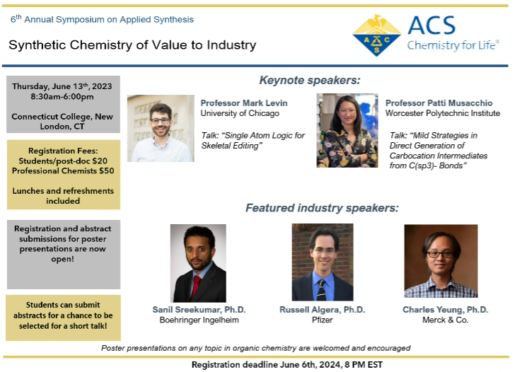 BagPhos's tweet photo. Save the date!  June 13 at Conn College New London CT #PfizerChemistry #MerckChemistry @boehringerus along with the @ACS_CVS are hosting the 6th annual Symposium on Applied Synthesis with @patti_zhang @LevinChem @Charles_chem and more
Registration info coming soon https://t.co/wOvzFe9h5b