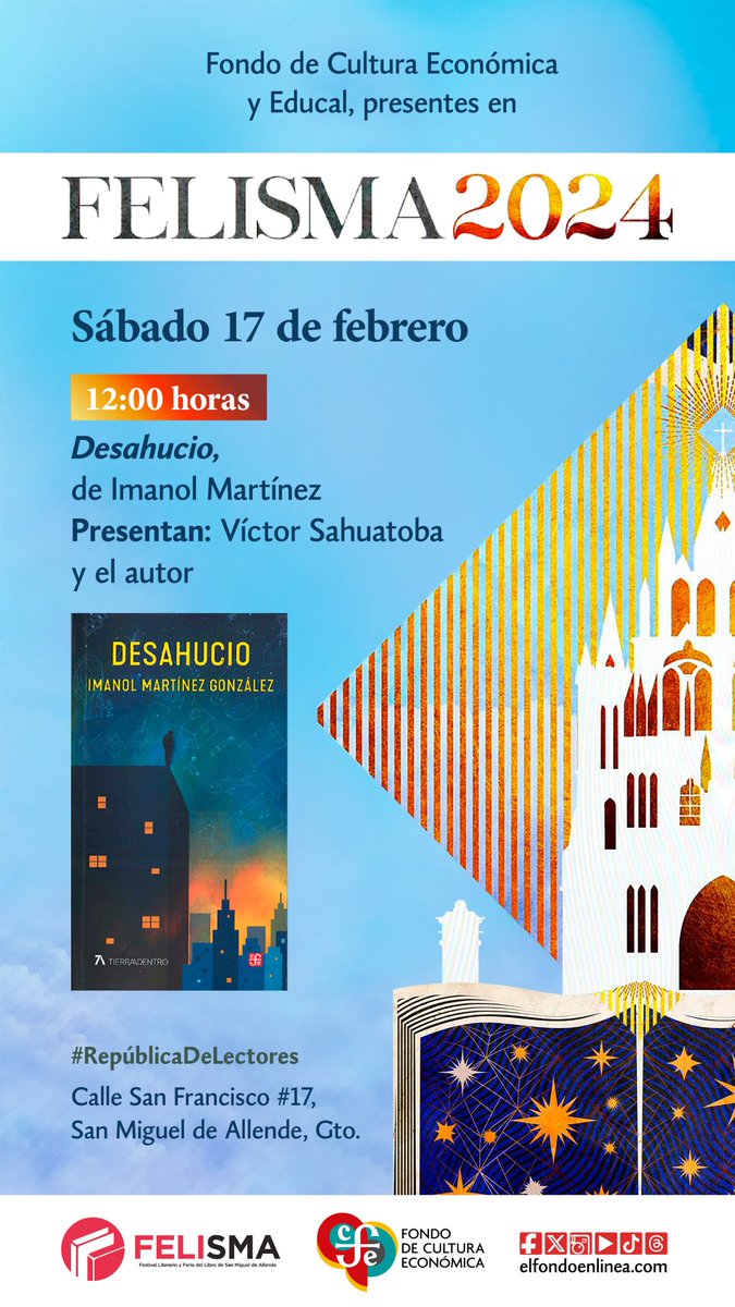 En el marco de #FELISMA2024 te invitamos a la presentación del libro 'Desahucio' de @imanolmartinezg, mañana sábado 17 de febrero a las 12 hrs. ¡No faltes!

#RepúblicaDeLectores
#LeerTransforma