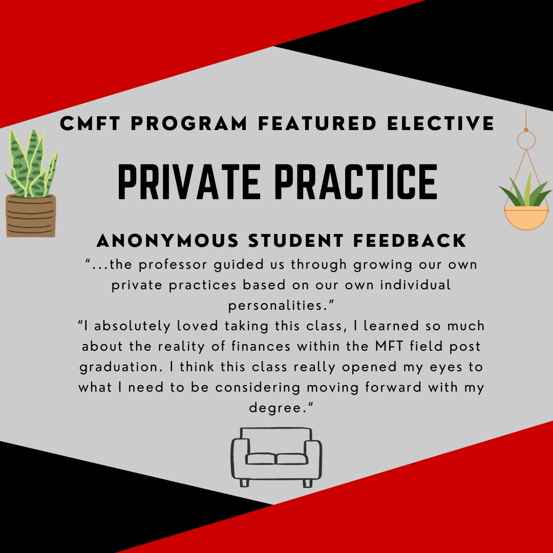 This course is designed to support students in developing an area of specialization in CMFT and identify the steps and processes for developing a private practice in the CMFT profession. #privatepractice #therapists #marriageandfamilytherapy #coupleandfamilytherapy #business