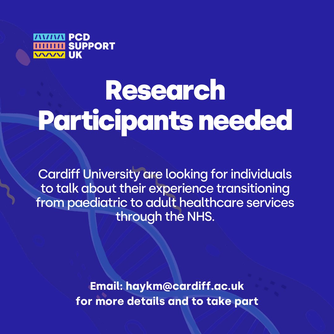 🗣Participants needed for PCD Patient Transitioning Study with @cardiffuni ➡To take part please email: Kristina Hay (MSc Genetic and Genomic Counselling at Cardiff University) on haykm@cardiff.ac.uk for more details and to take part. 📲pcdsupport.org.uk/news/Participa…