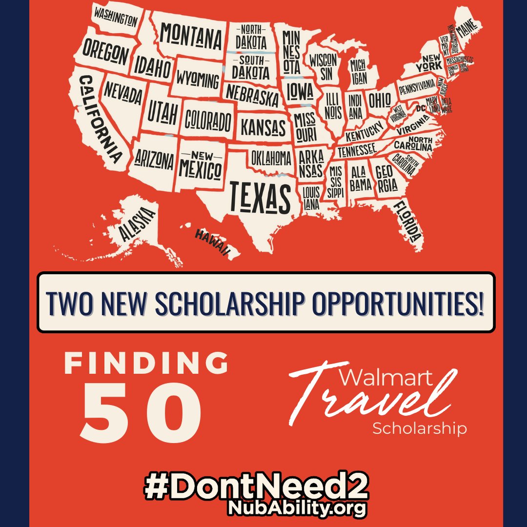 NubAbility's tweet photo. 2 NEW SCHOLARSHIPS!
We are looking for 50 new campers and we need your help finding them. Eligible children will be a first-time participant at a NubAbility camp - there is no financial need requirement. 

#Finding50
#WalmartTravelScholarship
#Walmart

#NubAbility #DontNeed2

1/2 https://t.co/RCO4wzgLGl