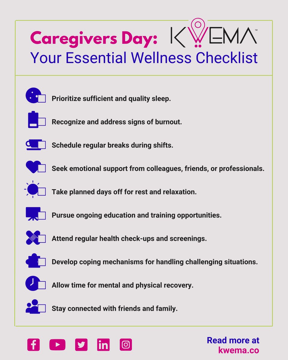 Kwema_'s tweet image. Celebrate Caregivers Day with our Essential Wellness Checklist! 🤗 Because caring for others starts with caring for yourself! 💜
 #CaregiversDay #WellnessChecklist #SelfCareFirst