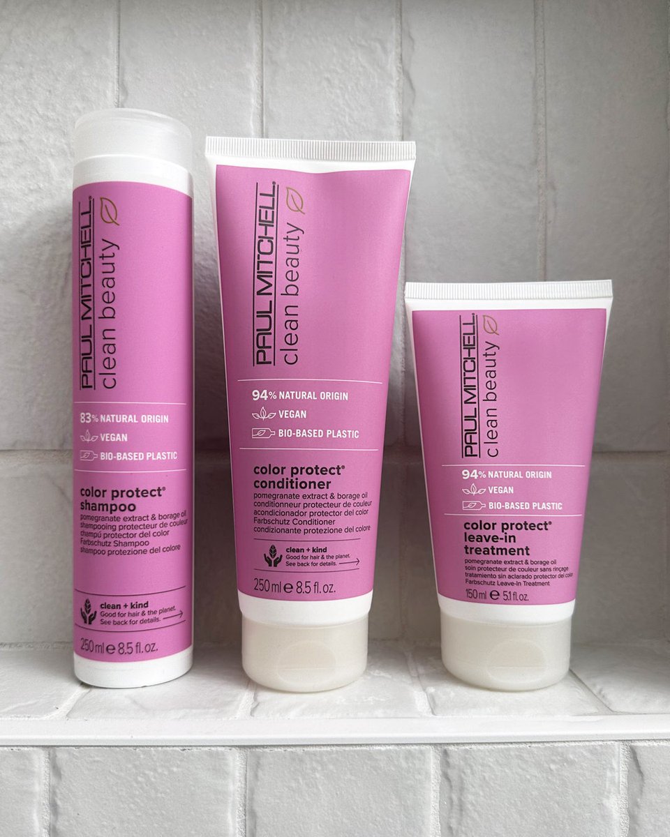 Level up your color protection this year with our #PaulMitchell Clean Beauty Color Protect dream team! 💗 Formulated with antioxidant-rich pomegranate extract and nourishing borage oil to shield against fade and provide luscious radiance.