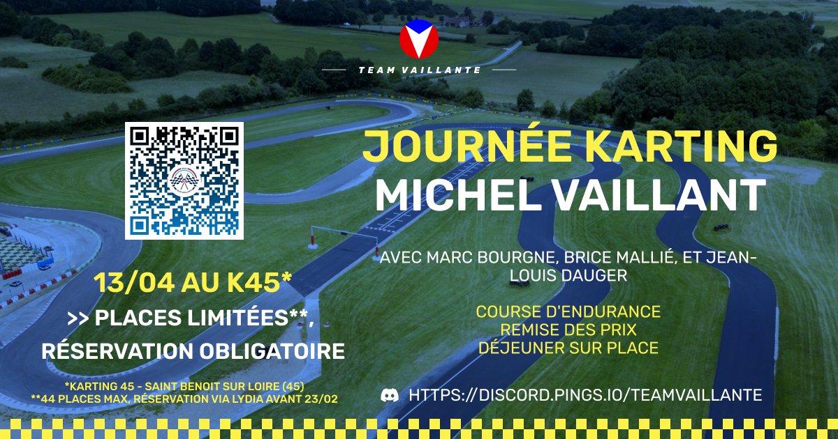 📆 1er RDV #TeamVaillante physique pour les fans de #MichelVaillant : Karting le 13/04 au K45! Marc Bourgne, Brice Mallié, et @JLDauger seront présents ! Places limitées, réservez en réglant un acompte de 40€ avant le 23/02 ici : lydia-app.com/pots?id=18663-… #racing #karting